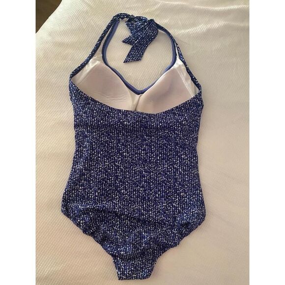 Lands’ End 8 One Piece Swimsuit Blue White Halter Neck slimming - Picture 3 of 6